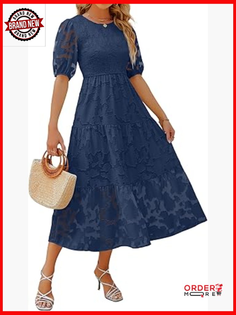 Puff Sleeve Smocked Floral Lace Tiered Maxi Dress Summer Casual